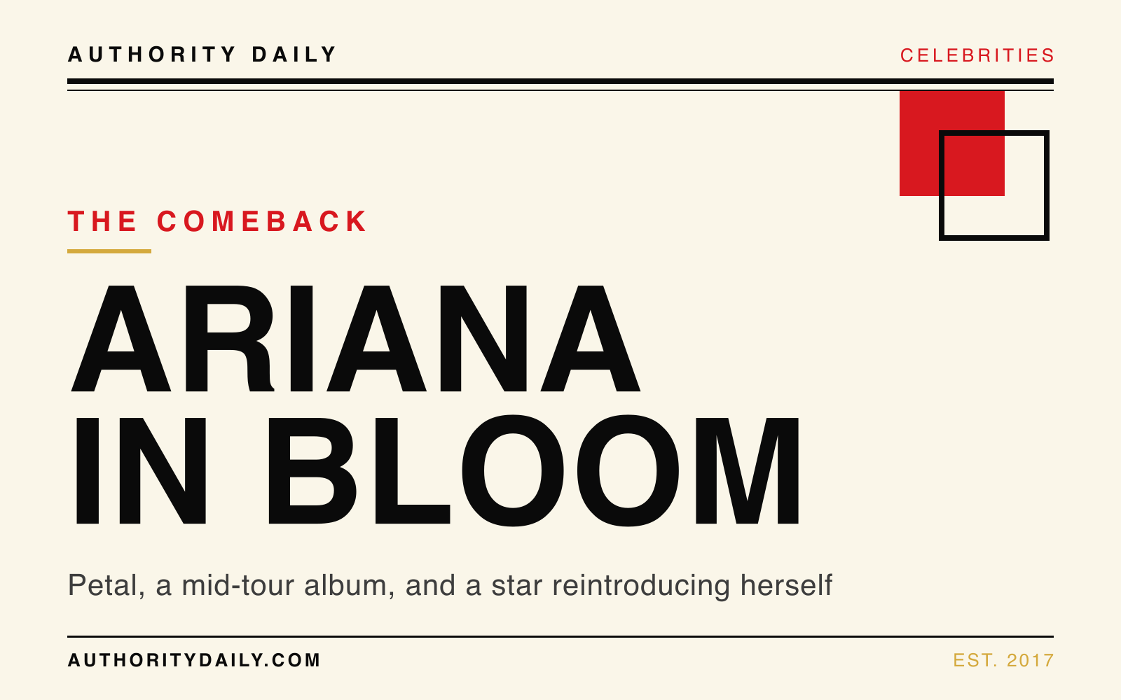 Editorial cover reading Ariana In Bloom in bold type