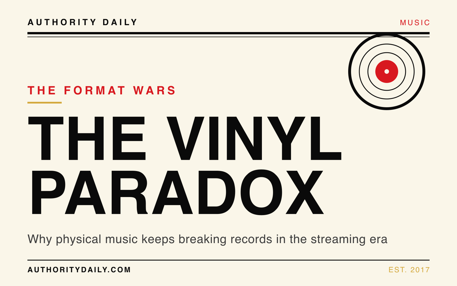 Rolling Stone–style editorial cover reading The Vinyl Paradox over a stack of records