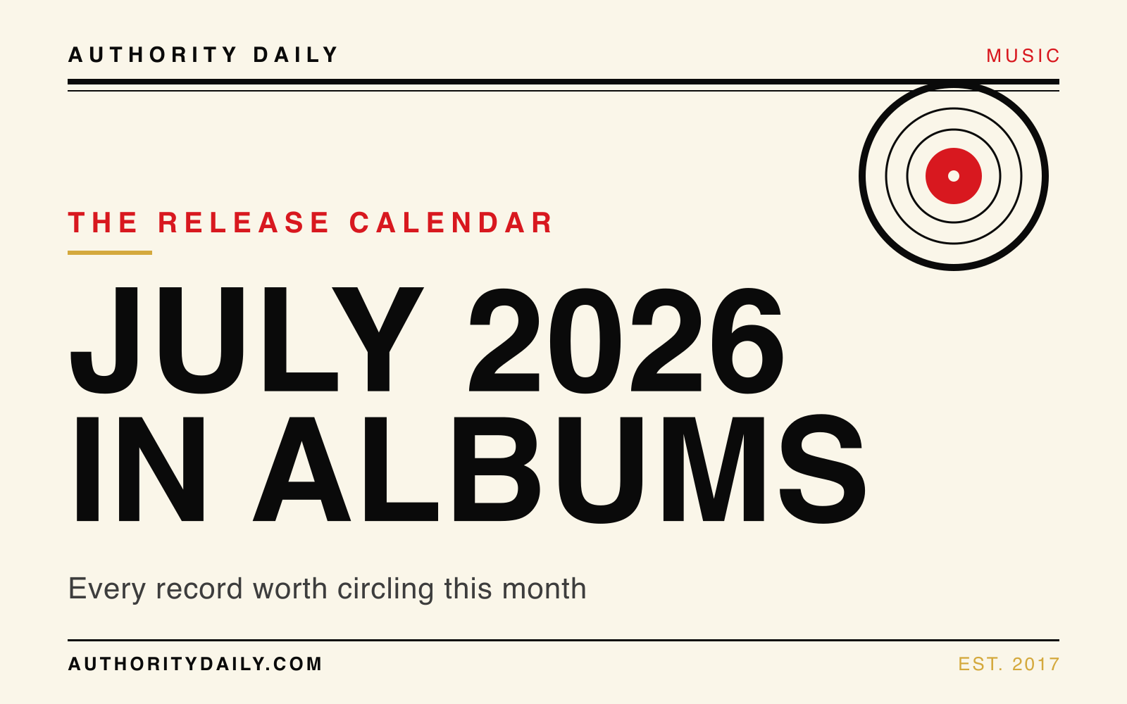 Editorial cover reading July 2026 in Albums over a record motif